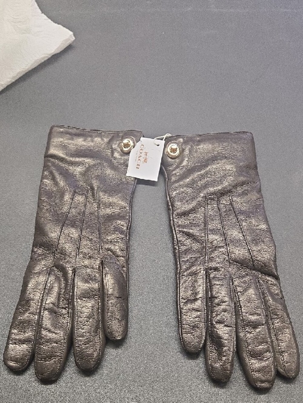 New Coach Womans Womens Brown Leather Gloves with Snap Detail - Picture 3 of 6